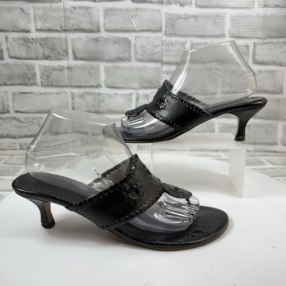 Steven Salario Women's 9 Black Leather Whipstitched Kitten Heel Thong Sandals